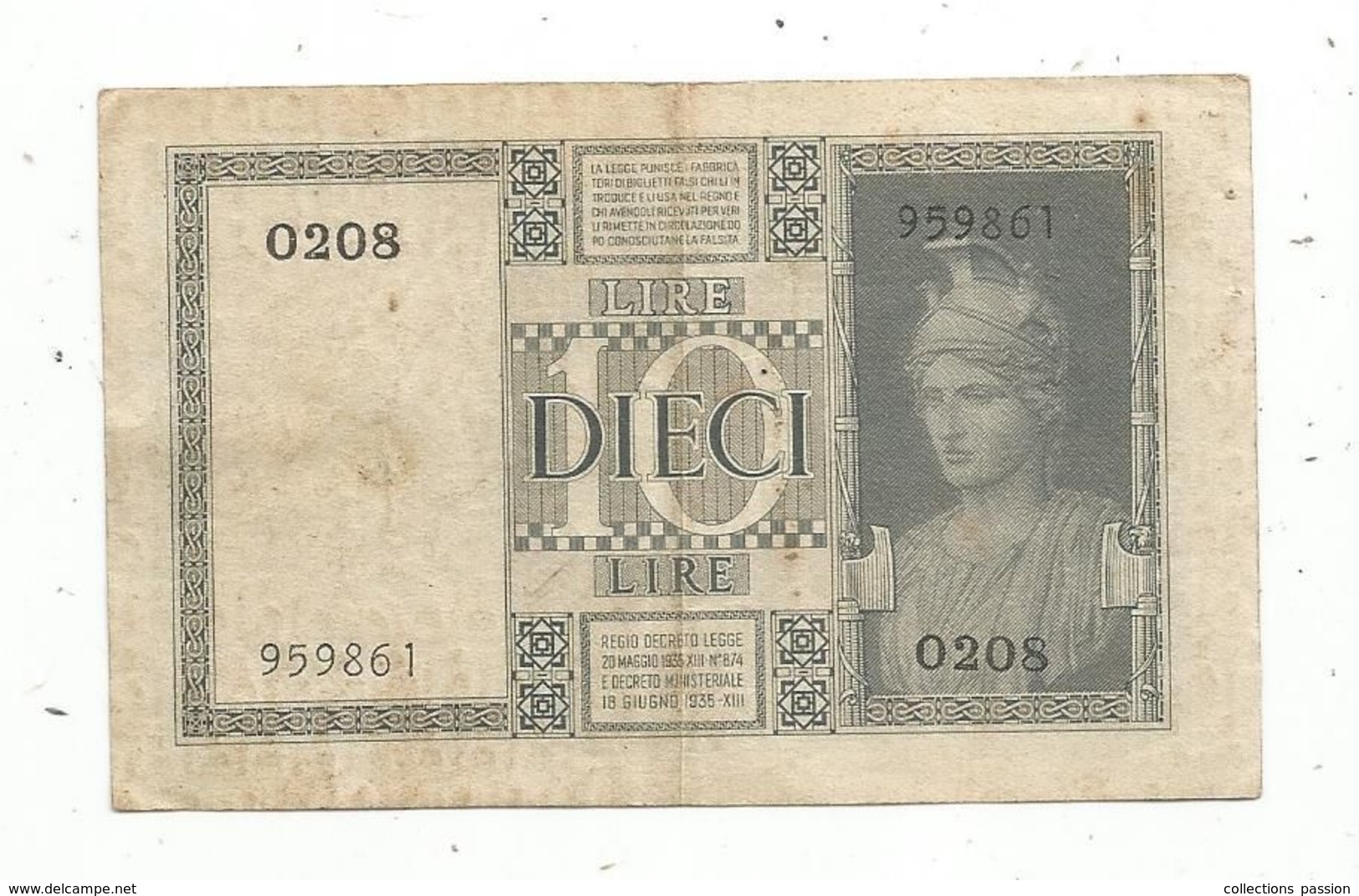 Billet , Italie , Regno D'Italia , Biglietto Di Stato ,10 , Dieci Lire,1935 , 2 Scans - Italia – 10 Lire