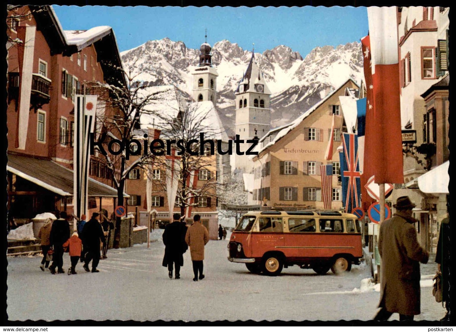 ÄLTERE POSTKARTE KITZBÜHEL STRASSENPARTIE WINTER ROTER TAXI BUS PKW Cab Flag GB England Cpa Postcard AK Ansichtskarte - Taxis & Cabs