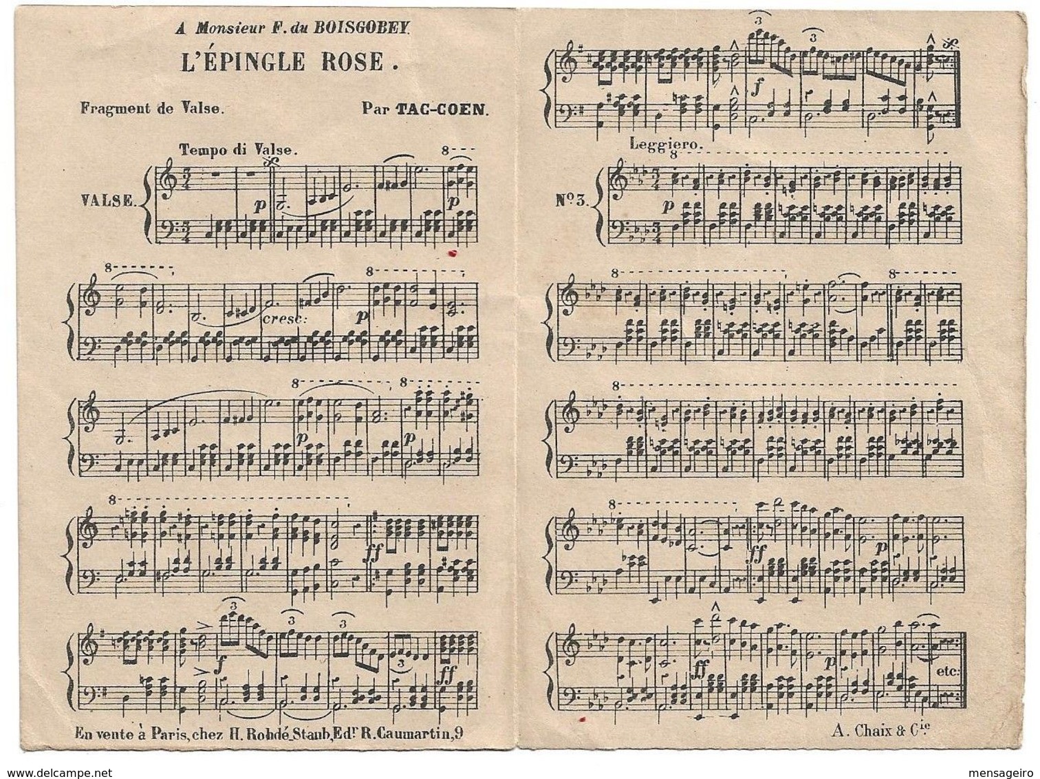 (C05) - IMPRIME PUBLICITAIRE FACTEUR PIANO H. ROHDE-STAUB - PARTITION LE PINGLE ROSE - VALSE PAR TAC-COEN - Spartiti