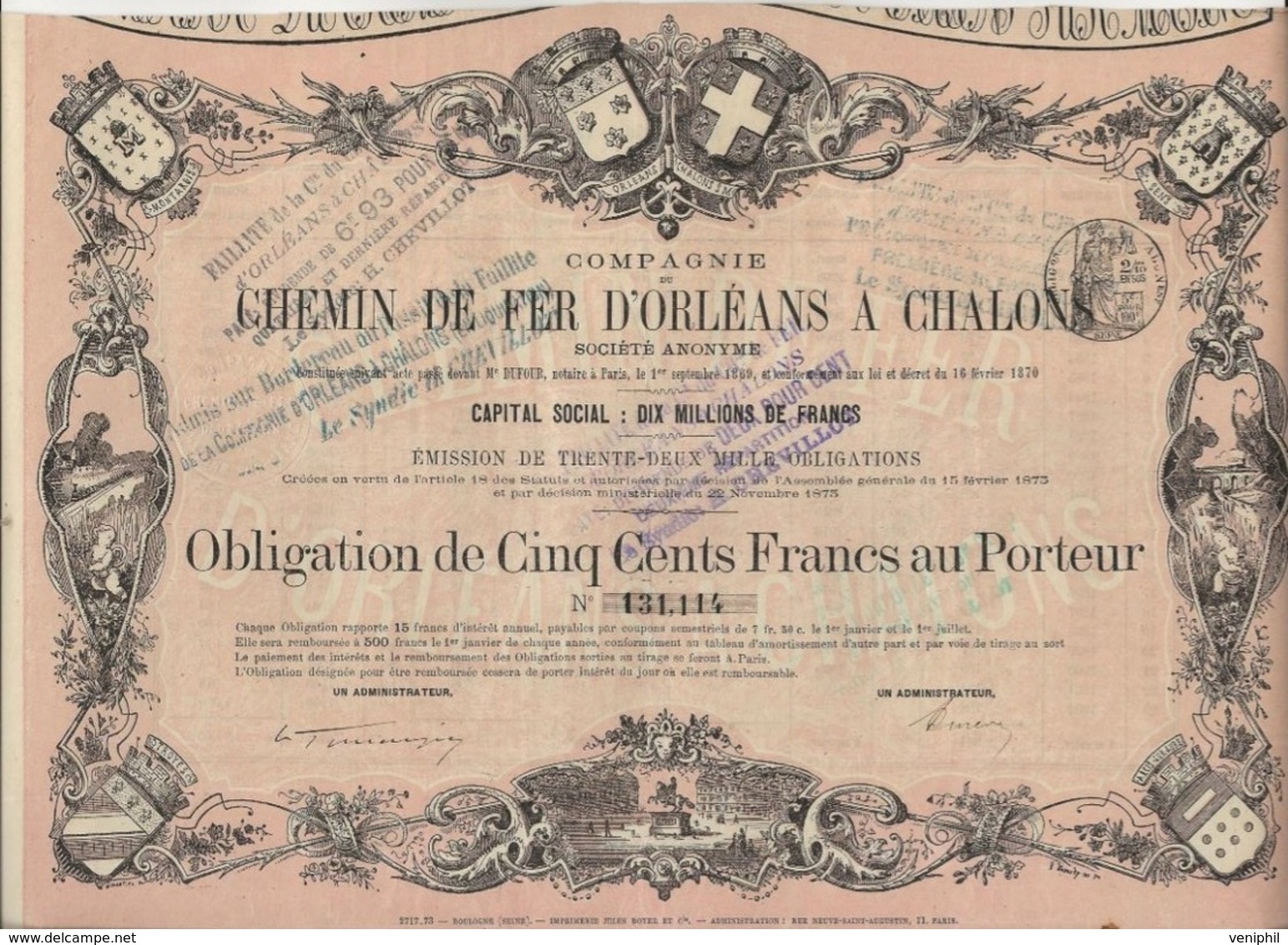 COMPAGNIE CHEMIN DE FER D'ORLEANS A CHALONS -OBLIGATION ILLUSTREE DE 500 FRS - ANNEE 1875 - Chemin De Fer & Tramway