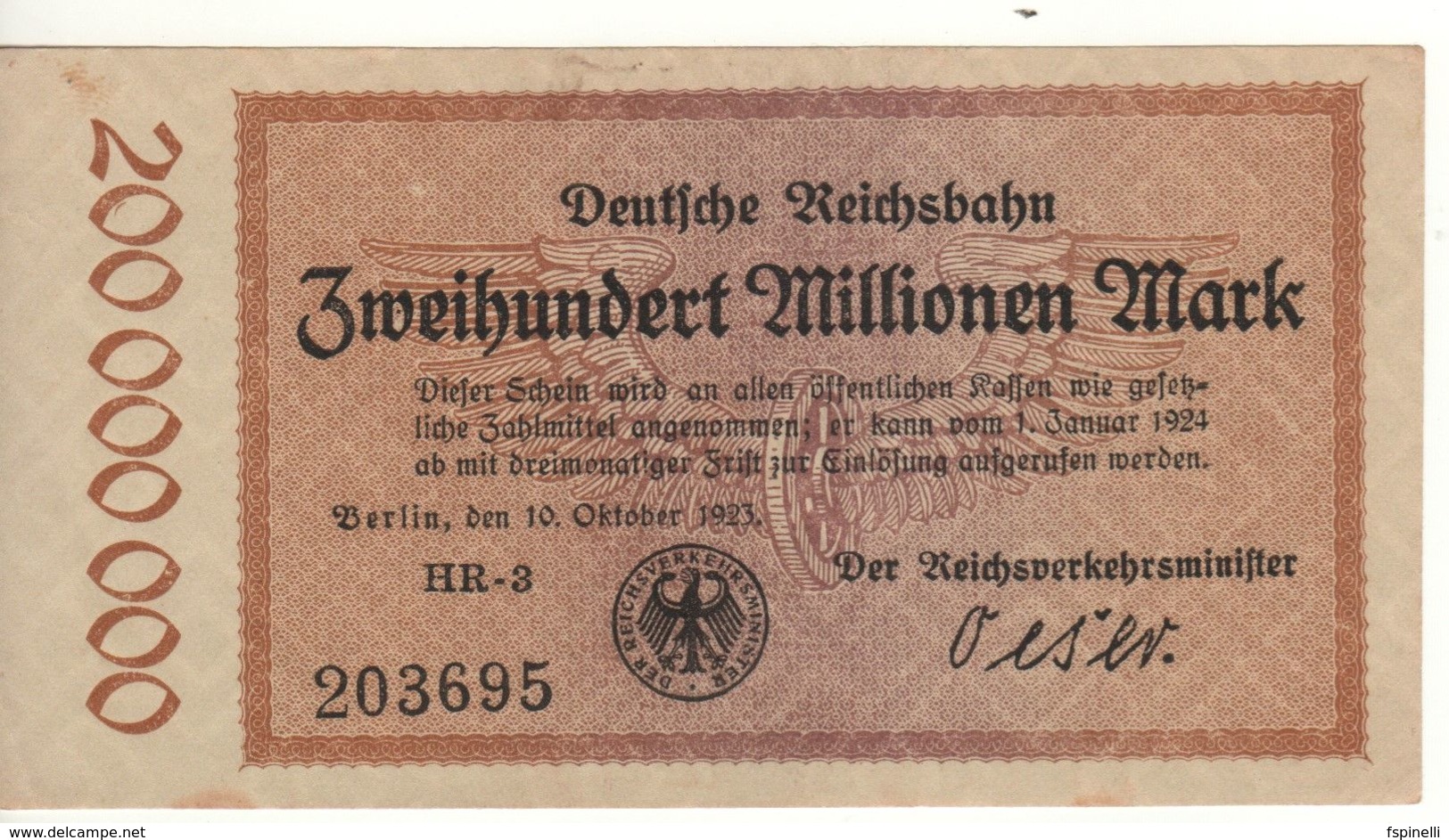 GERMANY  200 Millionen Mark   Deutche Reichbahn    Dated  Berlin   10.10.1923 - 100 Miljoen Mark