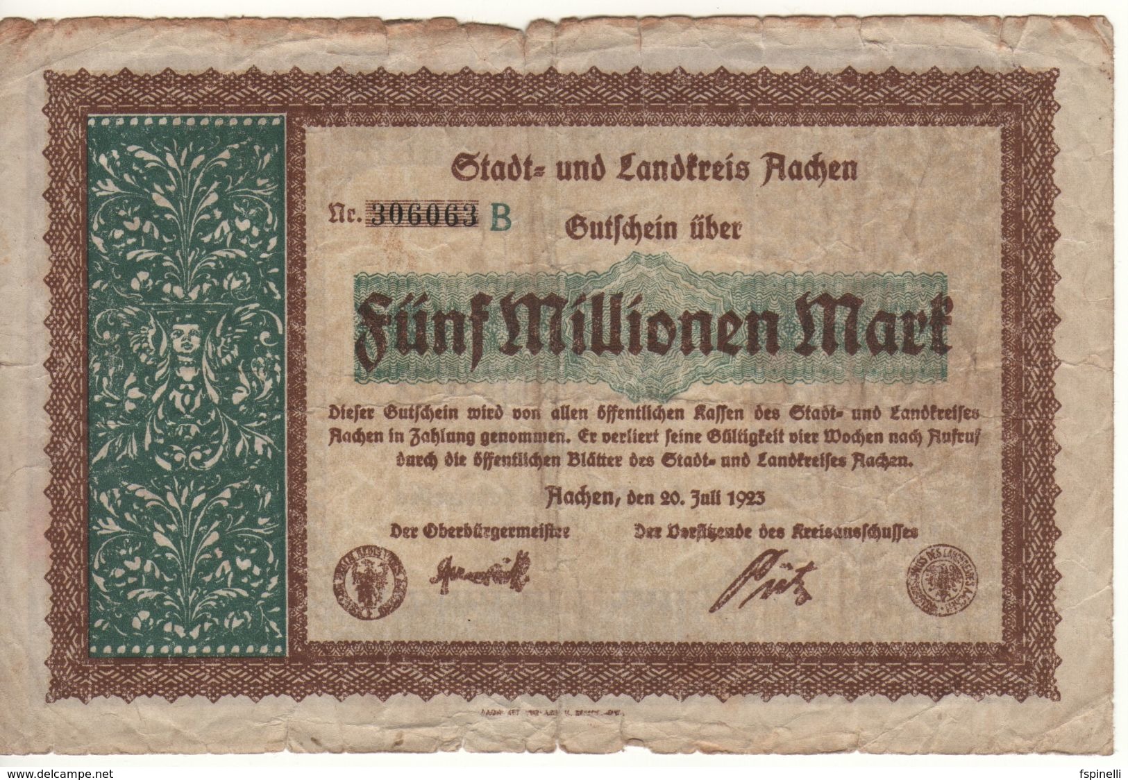 GERMANY  5 Millionen Mark     Aachen 20.july 1923 - Bundeskassenschein