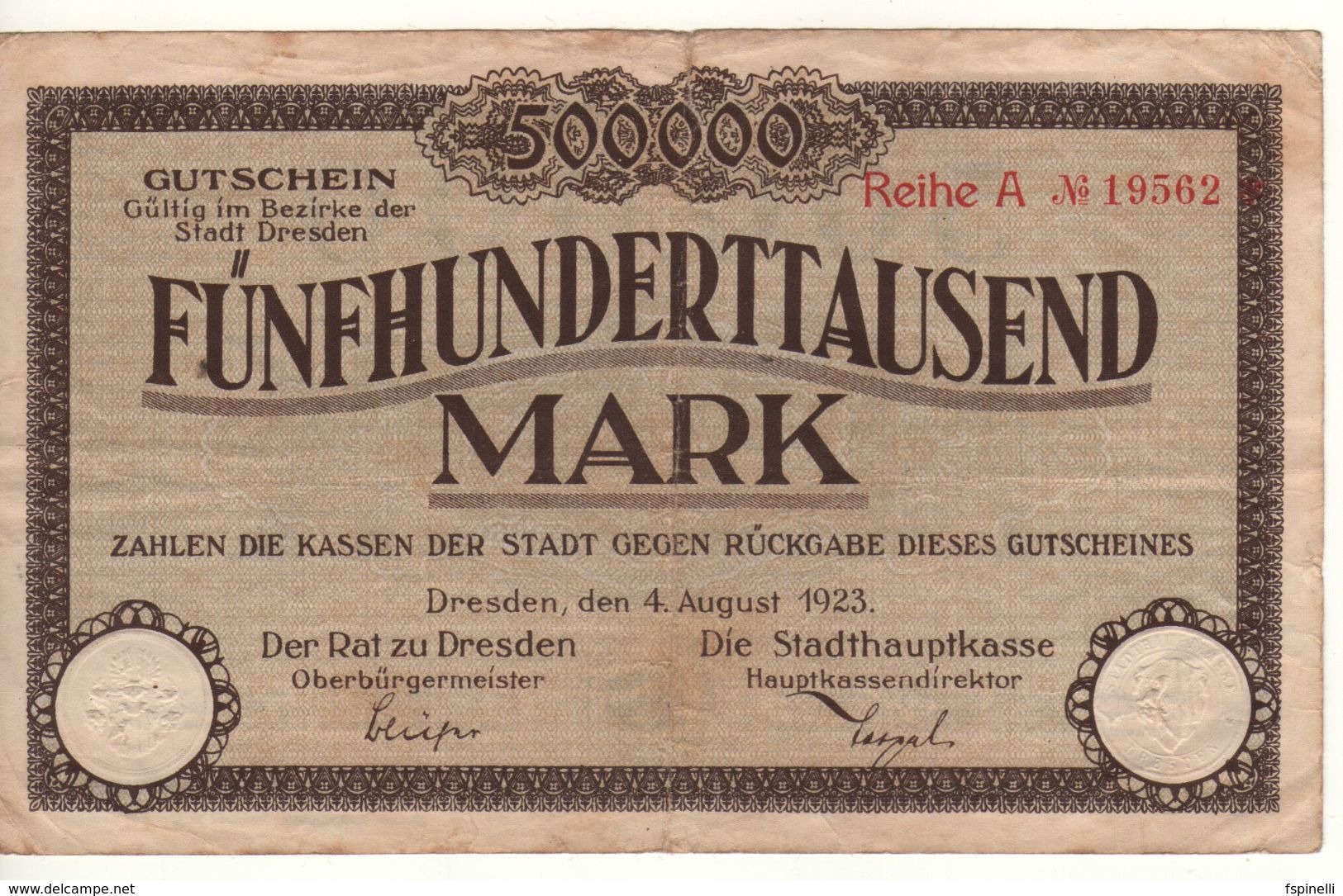 GERMANY  500'000 Mark     Dresden  04 . August  1923 - [13] Bundeskassenschein