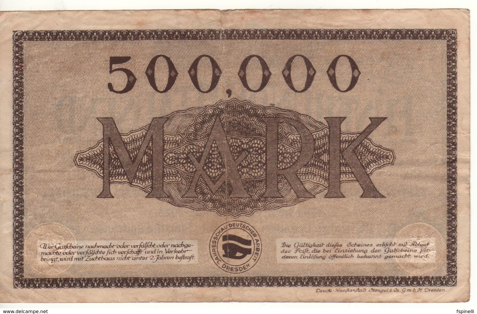 GERMANY  500'000 Mark     Dresden  04 . August  1923 - Bundeskassenschein