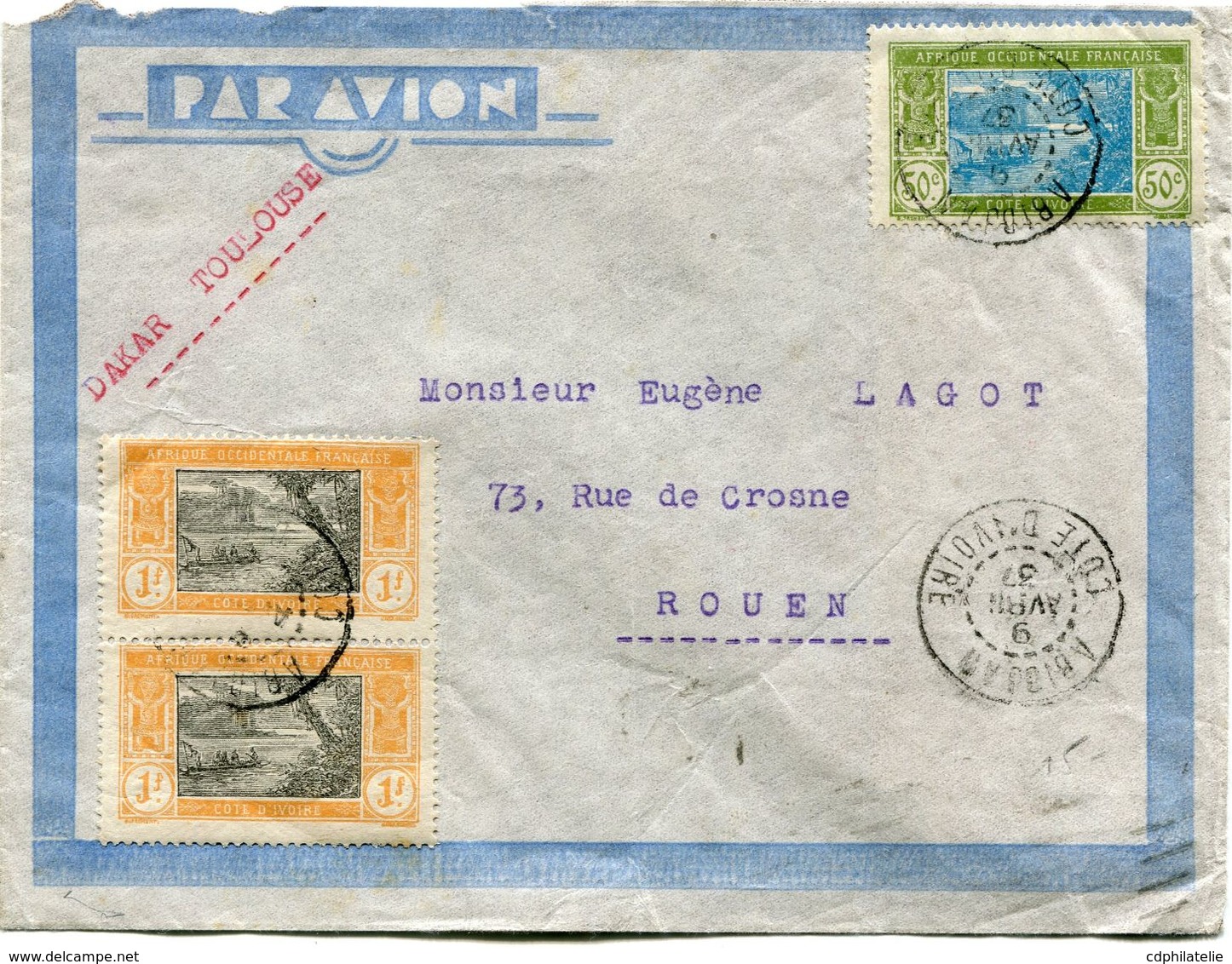 COTE D'IVOIRE LETTRE PAR AVION DEPART ABIDJAN 9 AVRIL 37 COTE D'IVOIRE POUR LA FRANCE - Covers & Documents