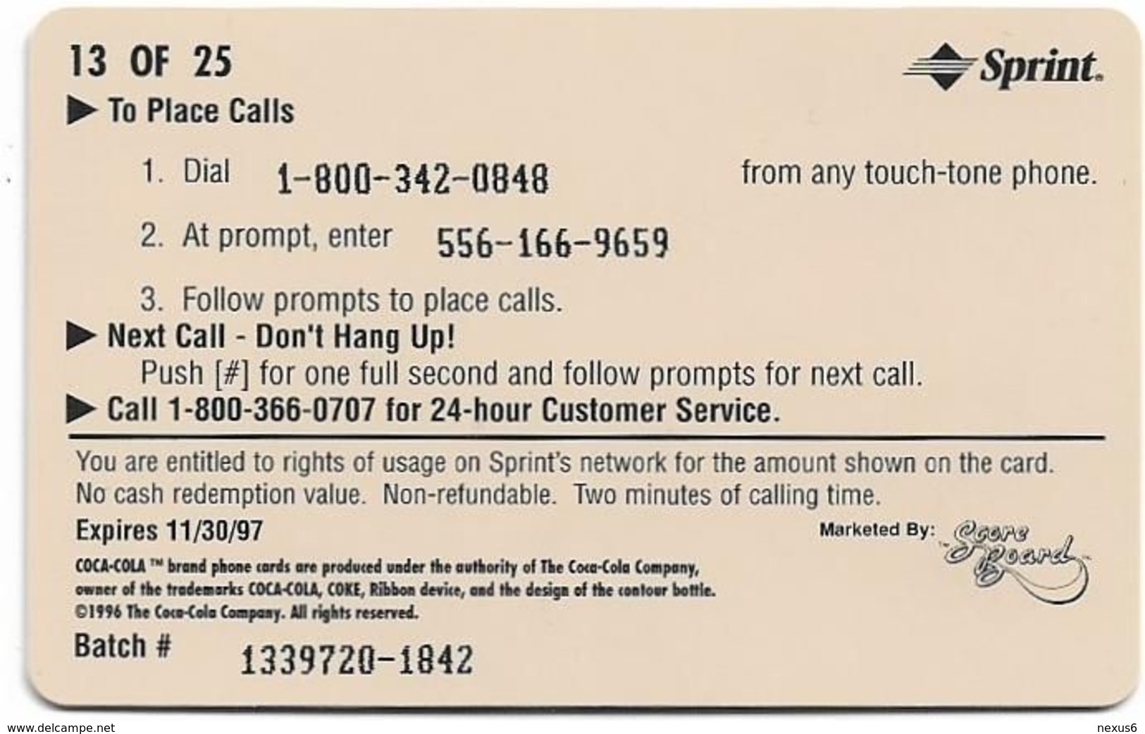 USA - Sprint - Coke National '96 (SILVER VALUE) - SBI-1124 - Advert. #13, Remote Mem. 2$, 4.050ex, Used - Sprint