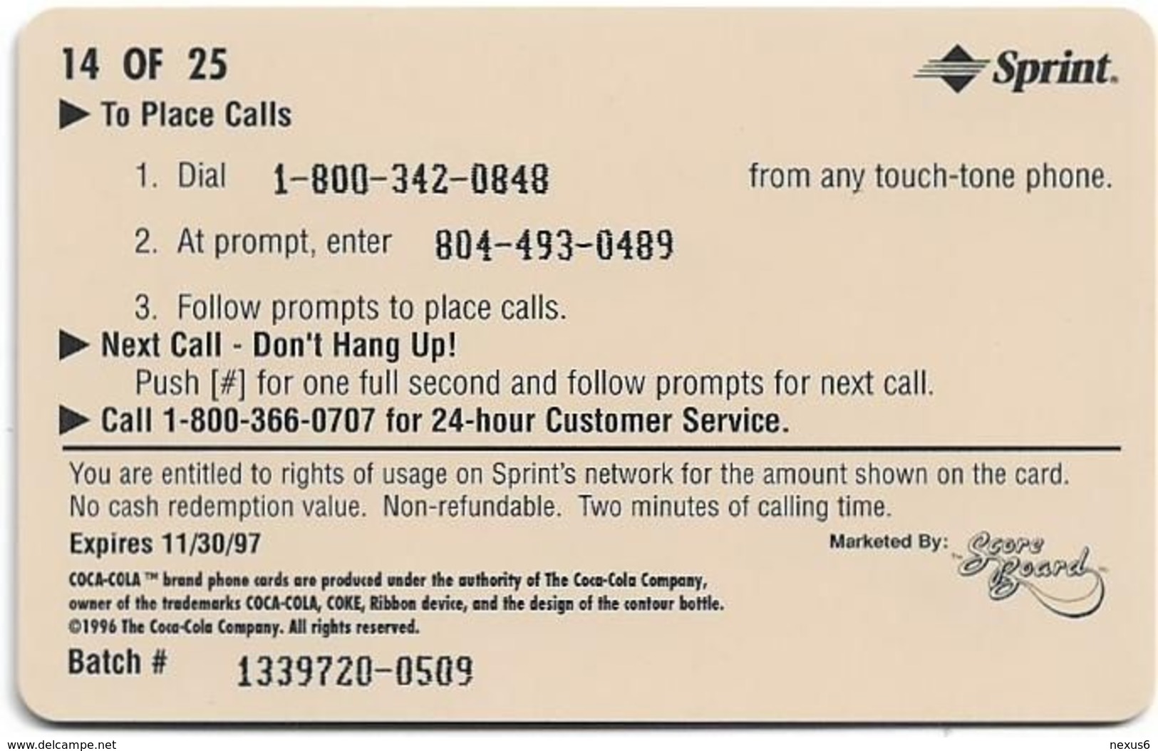USA - Sprint - Coke National '96 (SILVER VALUE) - SBI-1125 - Advert. #14, Remote Mem. 2$, 4.050ex, Used - Sprint