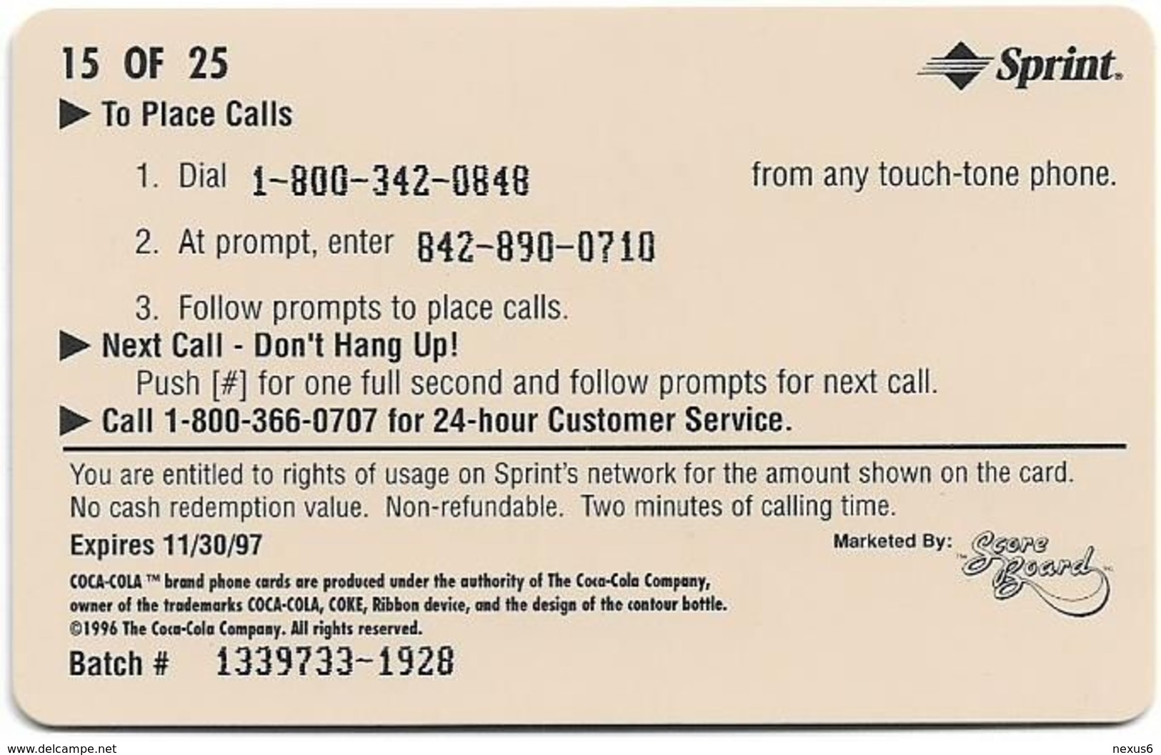 USA - Sprint - Coke National '96 (GOLD VALUE) - SBI-1151 - Advert. #15, Remote Mem. 2$, 2.715ex, Used - Sprint