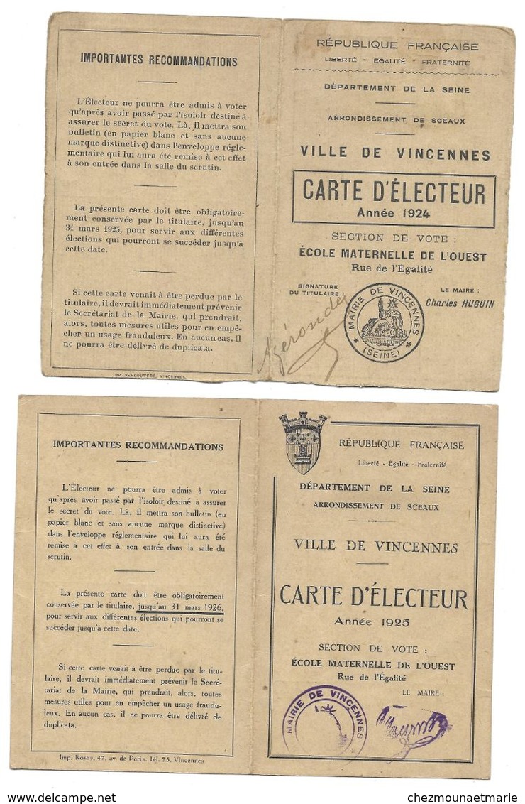 VINCENNES LOT DE 2 CARTES D ELECTEUR  EUGENE AZERONDE NE 1873 PARIS FILS DE TETARD PALMYRE A FAIT CAMPAGNE ALLEMAGNE - Documents Historiques