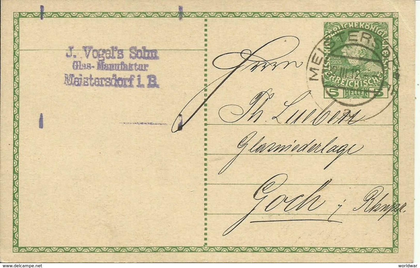 1912  Postkarte Von Meistersdorf (jetzt Mistrovice) To Goch - Other & Unclassified