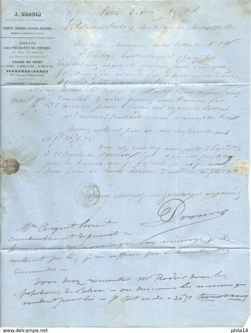 N° 14 BLEU NAPOLEON SUR LETTRE / PARIS POUR BOUXWILLER / 2 AVRIL 1856 - 1849-1876: Periodo Clásico