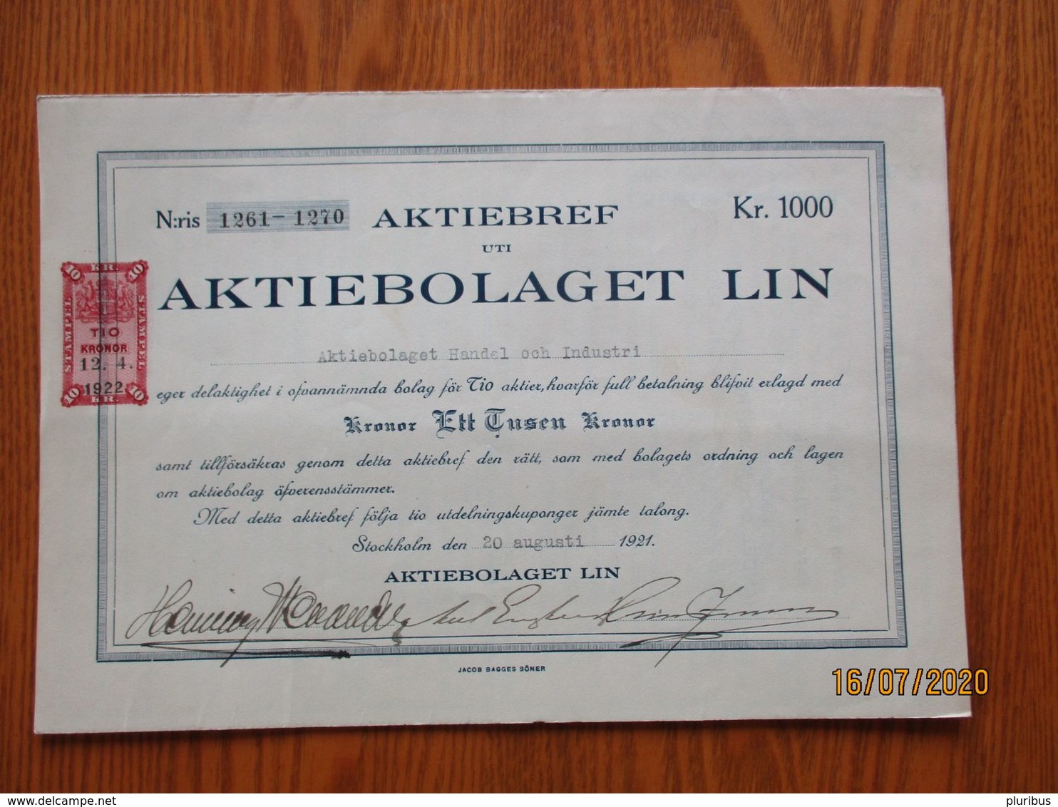 SWEDEN 1921 BOND AKTIEBREF UN AKTIEBOLAGET LIN 1000 Kr.   , O - Schweden