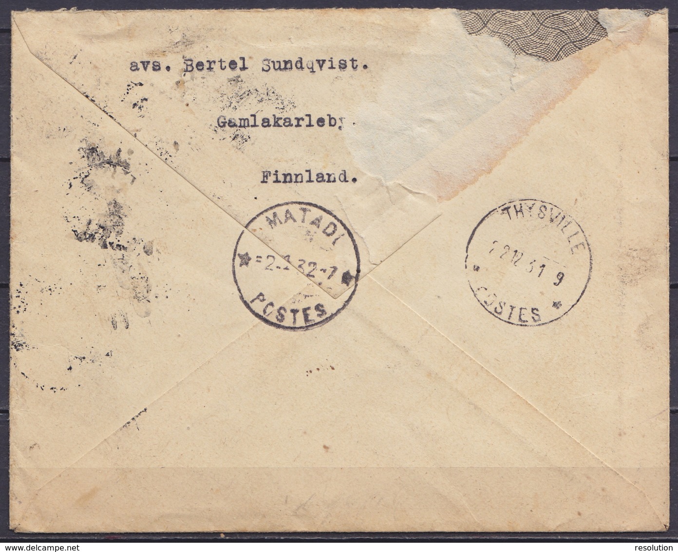 Finlande - L. Recommandée Affr. 2x 2MK Càpt GAMLAKARLEBY KOKKOLA /23.XI.1931 Pour THUSVÄLLE ? (Thysville) Réexpédiée à M - Cartas & Documentos