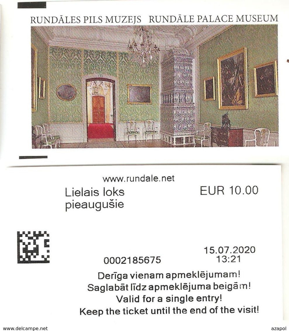 Admission Ticket: Latvia, 1 Ticket For Palace (by Architect Rastrelli) Museum "Rundale", Rundale, 15.07.2020(2) - Tickets - Vouchers