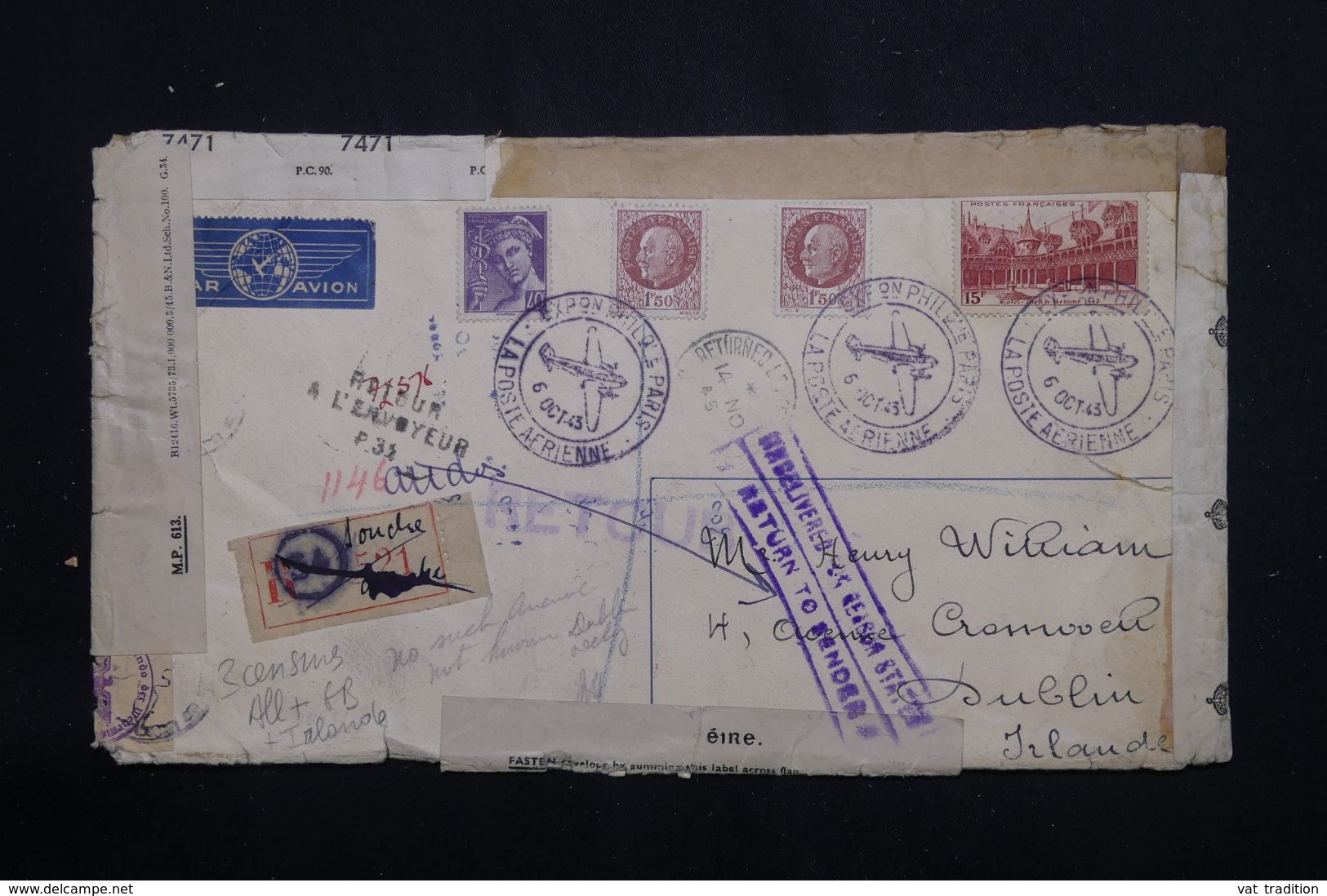 FRANCE - Enveloppe De L'Expo.de La Poste Aérienne En 1943 Pour Dublin Avec Contrôle Et Retour , à Voir  - L 64595 - 1921-1960: Modern Period