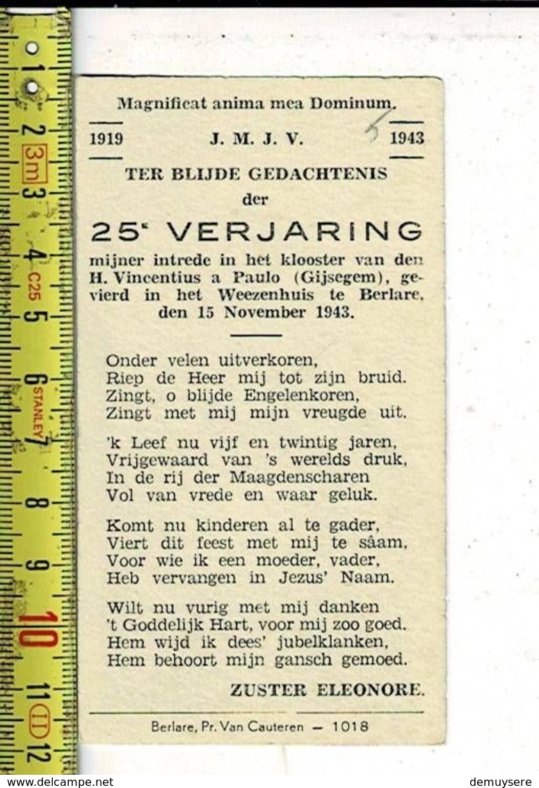 7090 - 25 STE VERJARING MIJNER INTREDE IN HET KLOOSTER H. VINCENTIUS A PAULO - GIJSEGEM - BERLARE 1943 - Santini