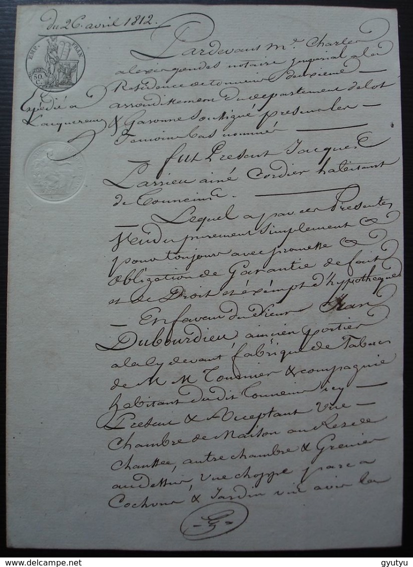 Tonneins 26 Avril 1812 Lot-et-Garonne Vente Jacques Larrieu, Cordier à Jean Dubourdieu - Manuscripts