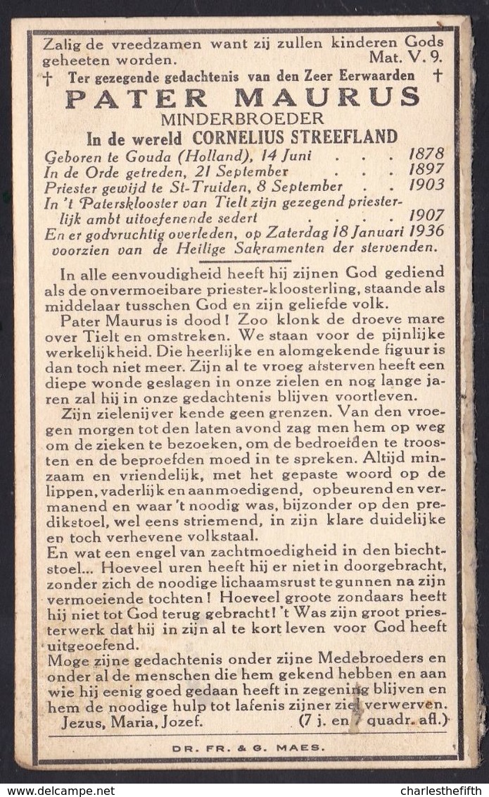 BOEK ** DE MINDERBROEDERS TE THIELT ( 1624-1933 ) TIELT - VERSCHUERE A. - 1933 - Zeldzaam + Doodsprentje Pater Maurus - Tielt