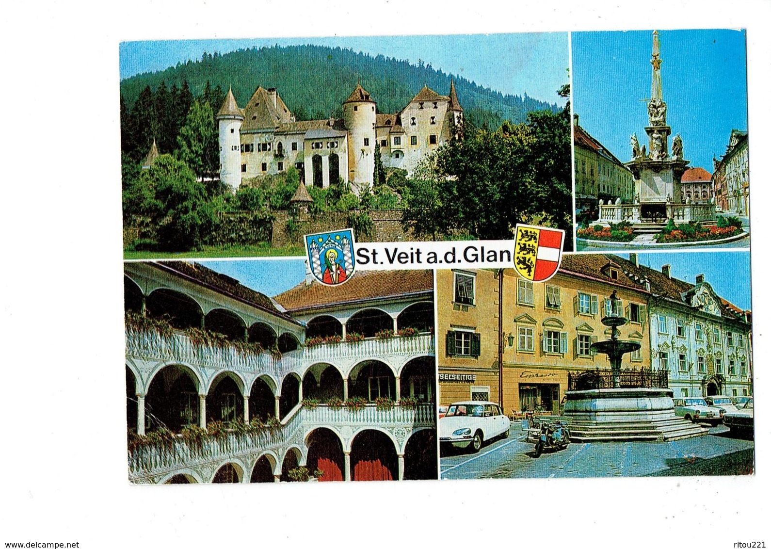 Cpm - Autriche > Carinthie Sankt Veit An Der Glan Voiture DS CITROËN Moto Blason Château Tour - St. Veit An Der Glan