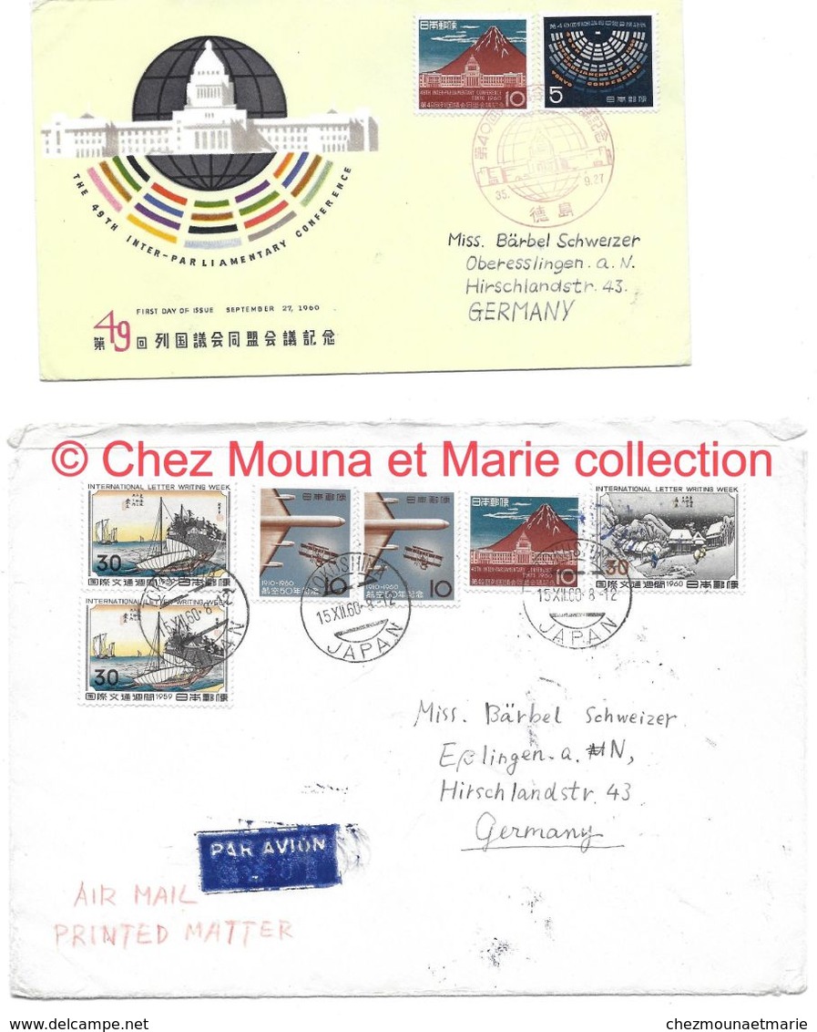 TOKOSHIMA JAPON DONT FDC BARBEL SCHWEIZER ESSLINGEN ALLEMAGNE - ENVELOPPES LOT DE 2 - Oblitérés