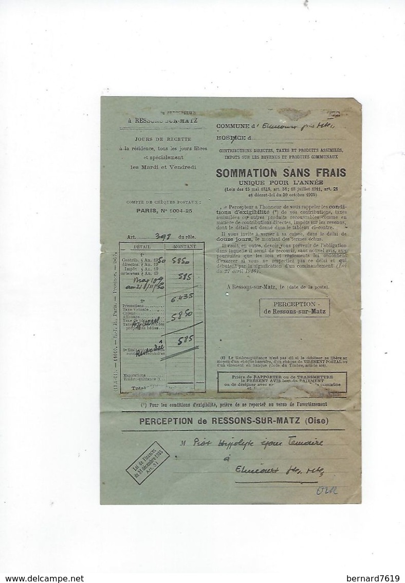 Document Commercial    60 Ressons Sur Matz Perception Annee 1950 - Artigianato