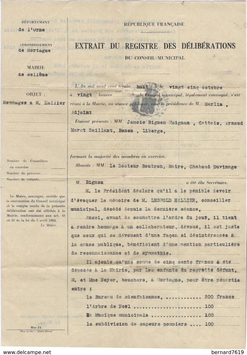 Document Commercial    61 Belleme   Courrier Mairie Annee 1938 Et Mortagne - Altri & Non Classificati