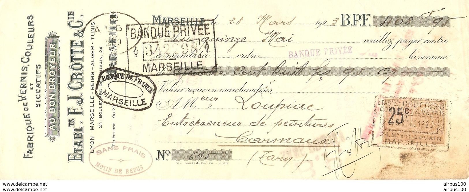 TRAITE 1923 Éts. F.J. CROTTE & Cie AU BON BROYEUR MARSEILLE - VERNIS COULEURS & SICCATIFS - LYON REIMS ALGER TUNIS - Droguerie & Parfumerie