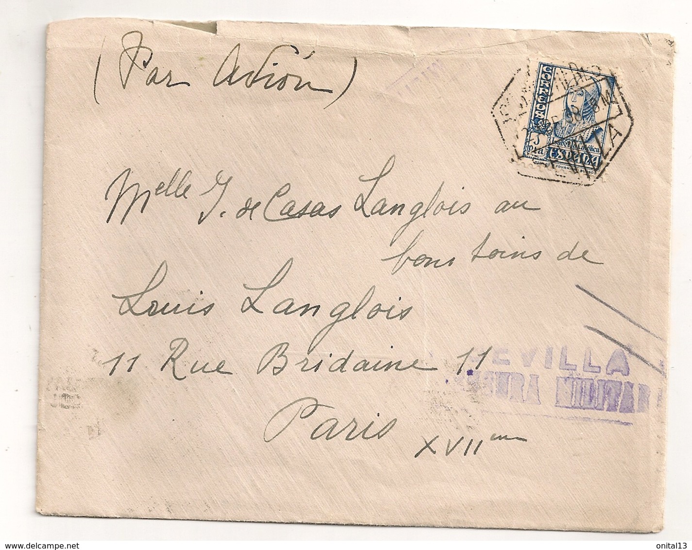 1938 LETTRE DE SEVILLA A PARIS / CENSURA MILITARE / VIGNETTES PRO SEVILLA ET ESPERANZA MACARENA C876 - Nationalists Censor Marks