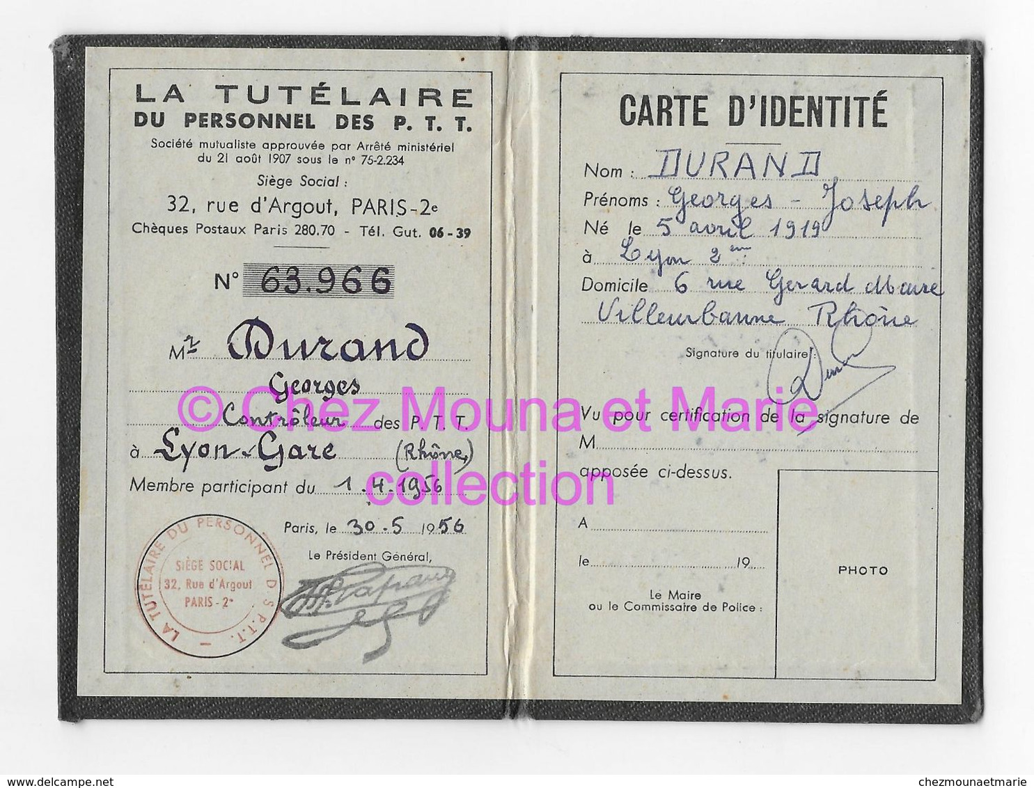 LA TUTELAIRE DU PERSONNEL DES PTT DURAND GEORGES CONTROLEUR LYON GARE 1956 NE EN 1919 A VILLEURBANNE - Documents Historiques
