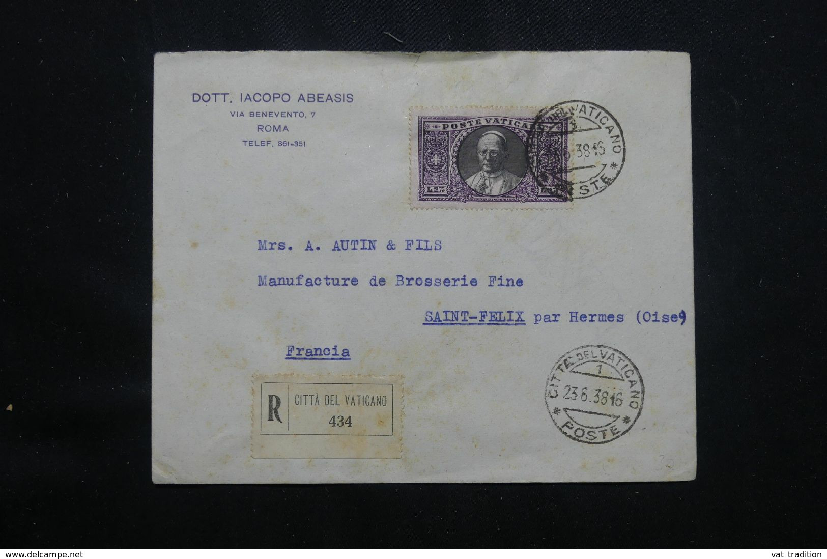 VATICAN - Enveloppe En Recommandé Pour La France En 1938  - L 64697 - Brieven En Documenten