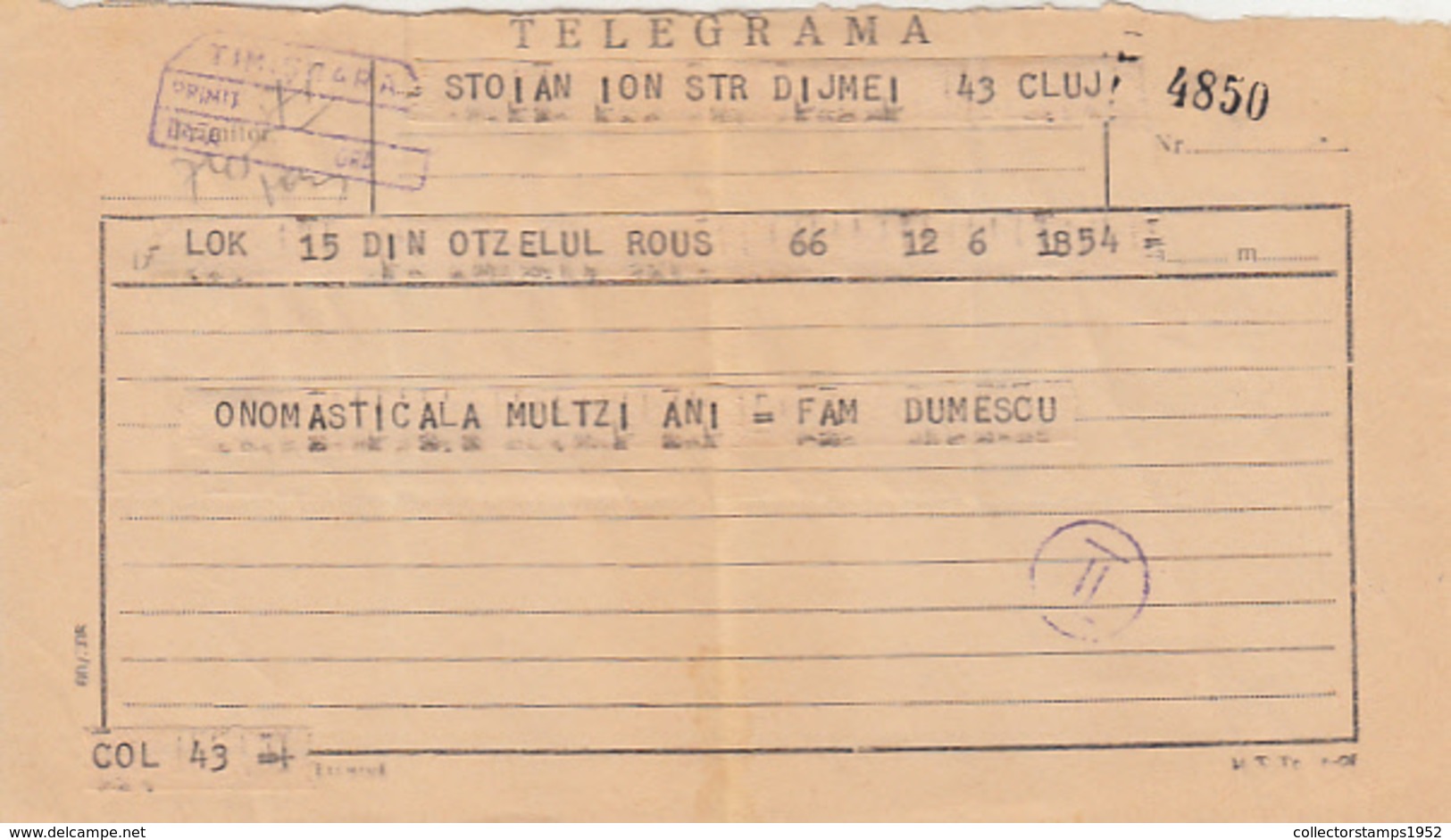 88814- FROM OTELUL ROSU TO CLUJ NAPOCA SENT TELEGRAMME, 1974, ROMANIA - Télégraphes