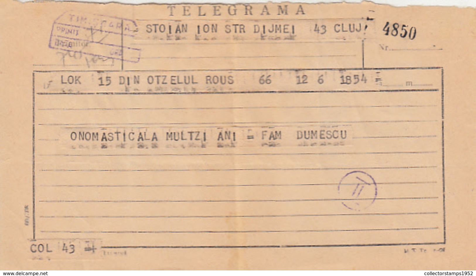 88814- FROM OTELUL ROSU TO CLUJ NAPOCA SENT TELEGRAMME, 1974, ROMANIA - Telegraphenmarken