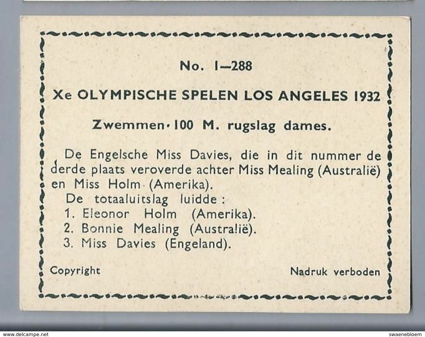 Xe Olympische Spelen Los Angeles 1932. Zwemmen 100 M. Rugslag Dames. Engelse Miss Davies. - Other & Unclassified