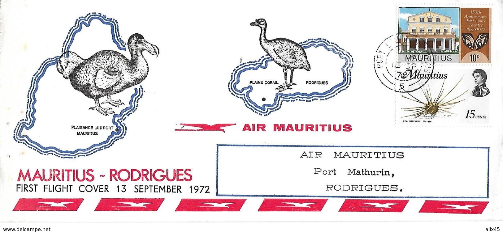 1er Vol  Aérien MAURITIUS - RODRIGUES Le 13-09-1972, Départ PORT-LOUIS Pour RODRIGUES  TB - Mauritius (1968-...)