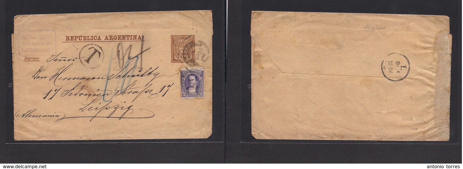 Argentina - Stationery. 1892 (22 March) Buenos Aires - Leipzig, Germany (20 April) 1/2c Brown Stat Wrapper + 2c Adtls, T - Altri & Non Classificati