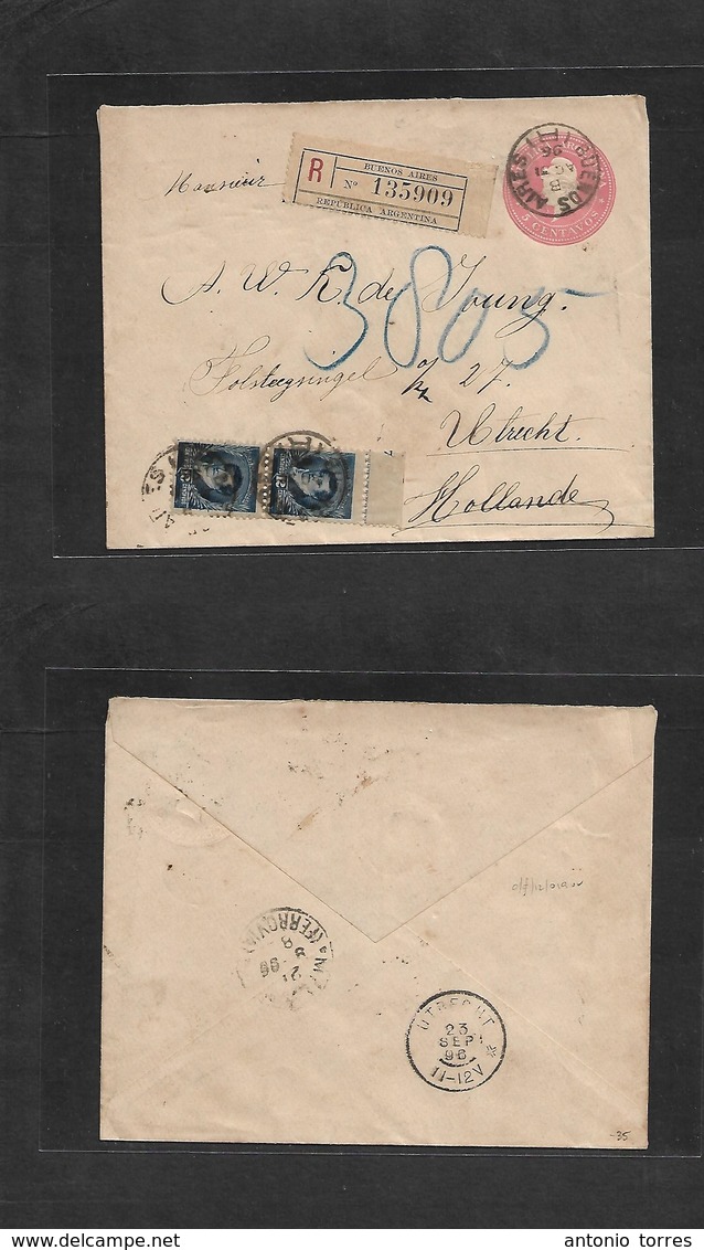 Argentina - Stationery. 1896 (Aug 31) Bs As - Netherlands, Utrecht (23 Sept) Via Milano. Registered 5c Rose Stat Env + 2 - Altri & Non Classificati