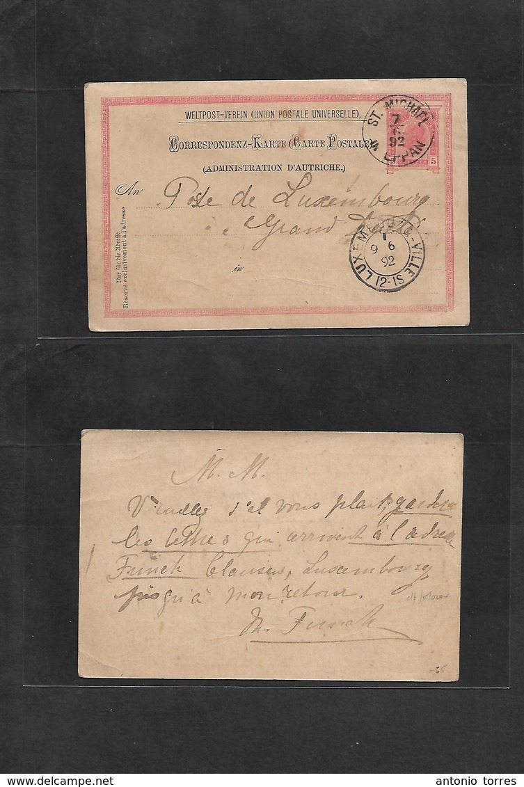 Austria - Stationery. 1892 (7 June) St. Michael In Eppan, South Tirol (today Italy) - Luxembourg (9 June) 5h Rose Sta Ca - Andere & Zonder Classificatie