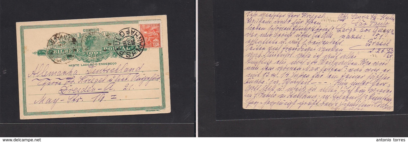 Brazil -Stationary. 1925 (26 July) Sao Paulo - Dresden, Germany. 100rs Green Stat Card + 100rs Orange Adtls, Tied Cds. F - Sonstige & Ohne Zuordnung