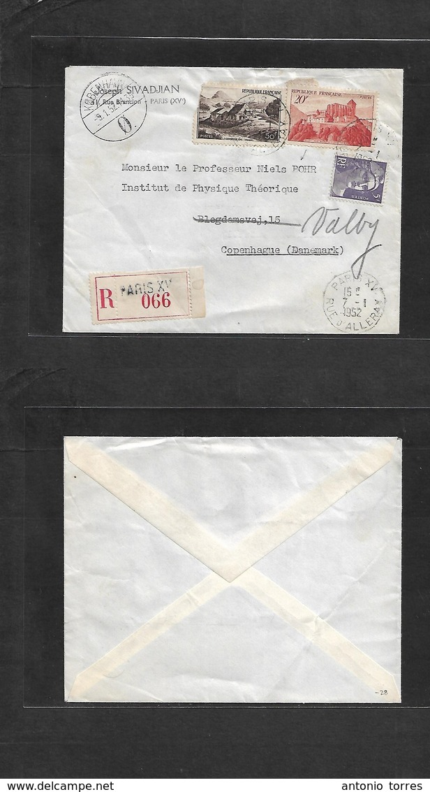 France - Xx. 1952 (7 Jan) Nobel Winner. Paris - Denmark, Cph (9 Jan) Registered Multifkd Envelope Addressed To Professor - Andere & Zonder Classificatie