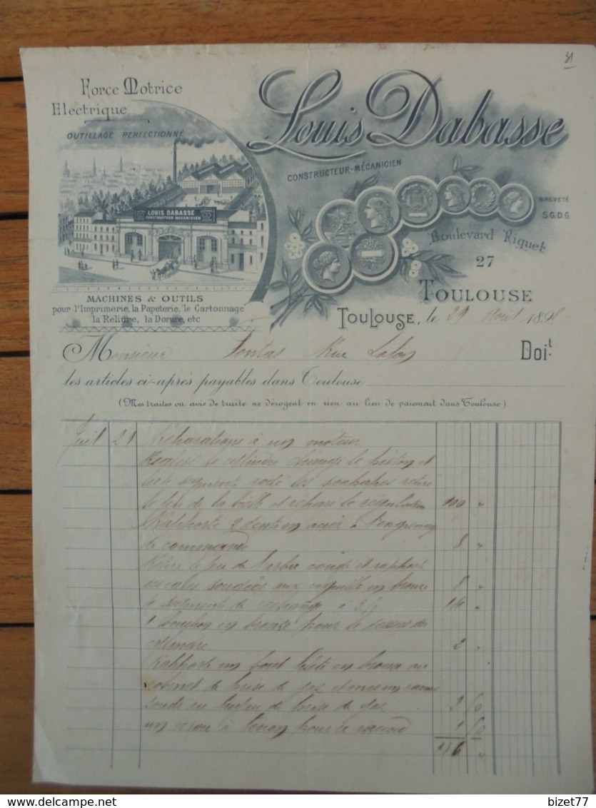 FACTURE - 31 - DEPARTEMENT DE LA HTE GARONNE - TOULOUSE 1898 - CONSTRUCTEUR-MECANICIEN : LOUIS DABASSE - Other & Unclassified