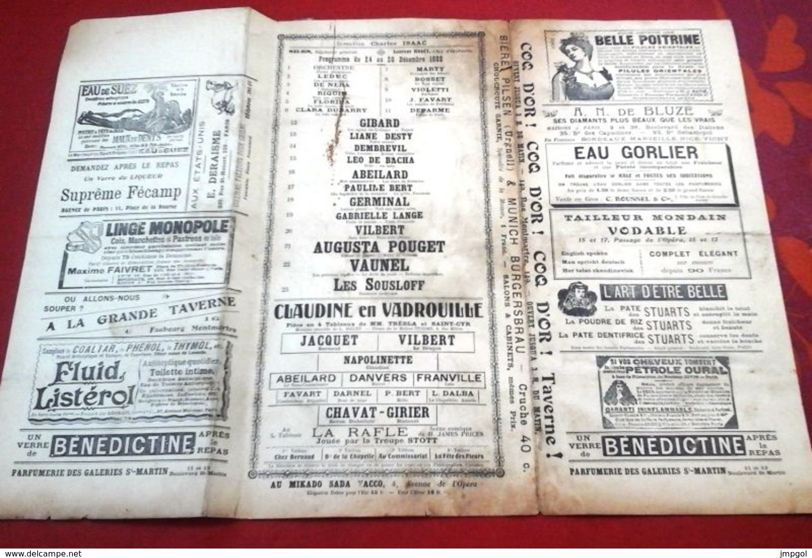 Programme Parisiana 24 Au 26 Décembre 1902 Café Concert Bvd Poissonnière Directeur Charles Isaac Augusta Pouget Vaunel - Programmi