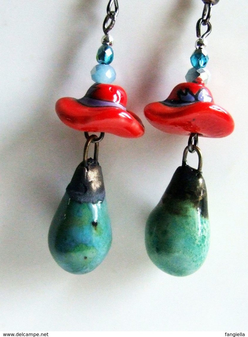 Boucles D'oreilles Artisanales, Rouge Turquoise, Céramique Artisanale, Pièces Uniques, Cristal Facetté, Boho, Bohème, - Earrings