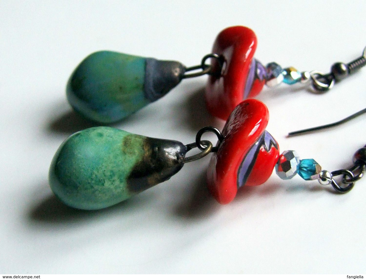 Boucles D'oreilles Artisanales, Rouge Turquoise, Céramique Artisanale, Pièces Uniques, Cristal Facetté, Boho, Bohème, - Oorringen