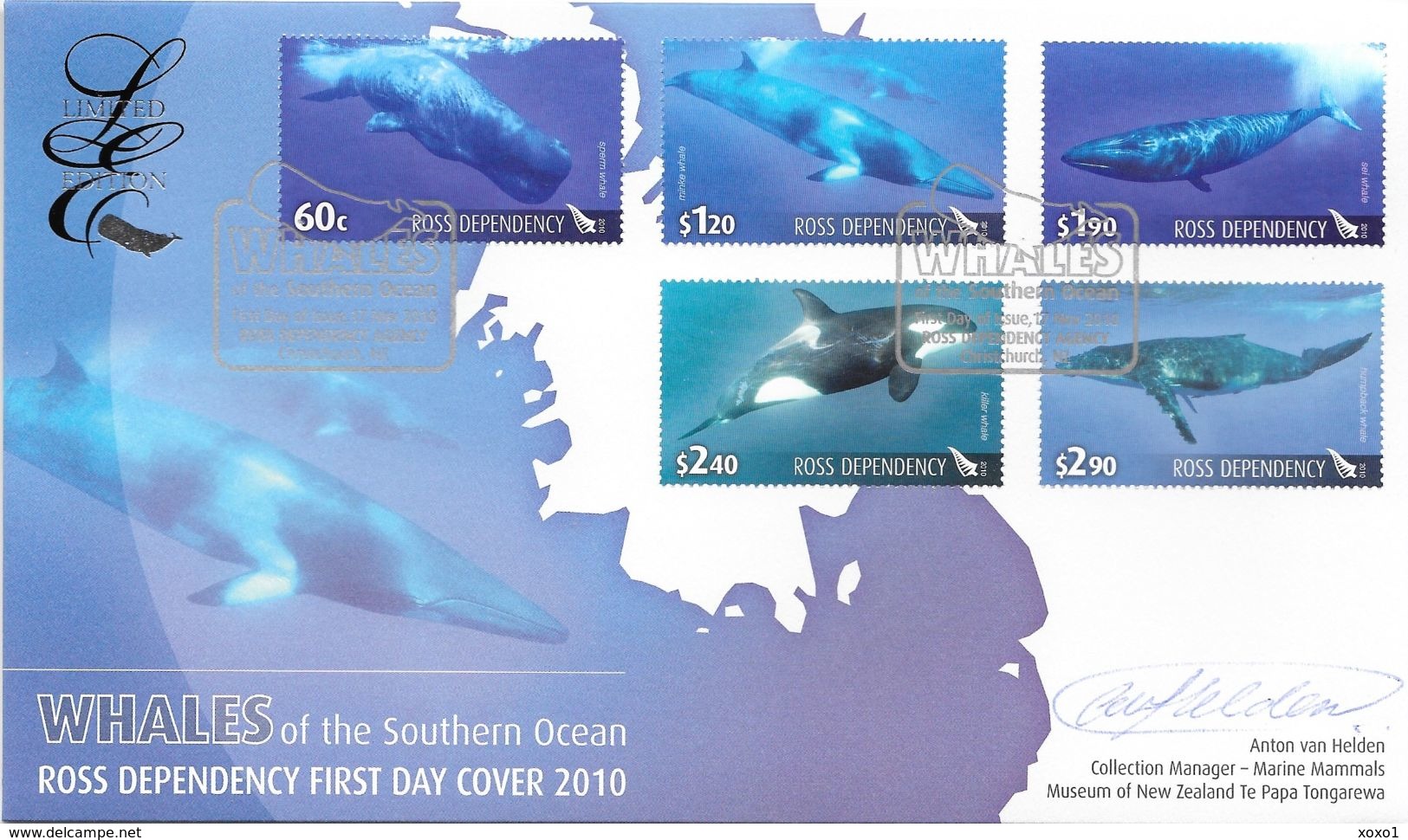 ROSS 2010 NEW ZEALAND MiNr. 119 - 123 Marine Life Whales 5v Signed FDC LIMITED EDITION - Covers & Documents