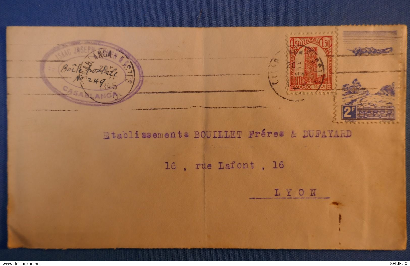 B85 MAROC LETTRE 1945 POSTE AERIENNE CASABLANCA POUR LYON RUE LAFONT - Lettres & Documents