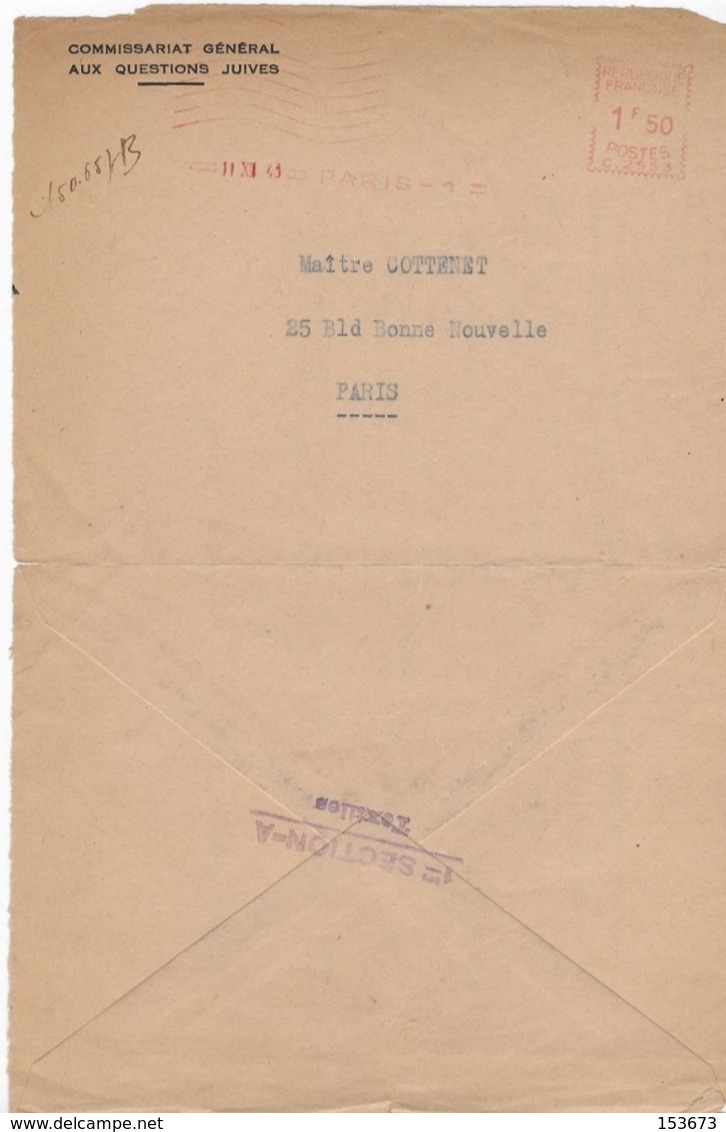 Enveloppe à En-tête "COMMISSARIAT GENERAL AUX QUESTIONS JUIVES" Oblitération PARIS  De 1943 - Documents