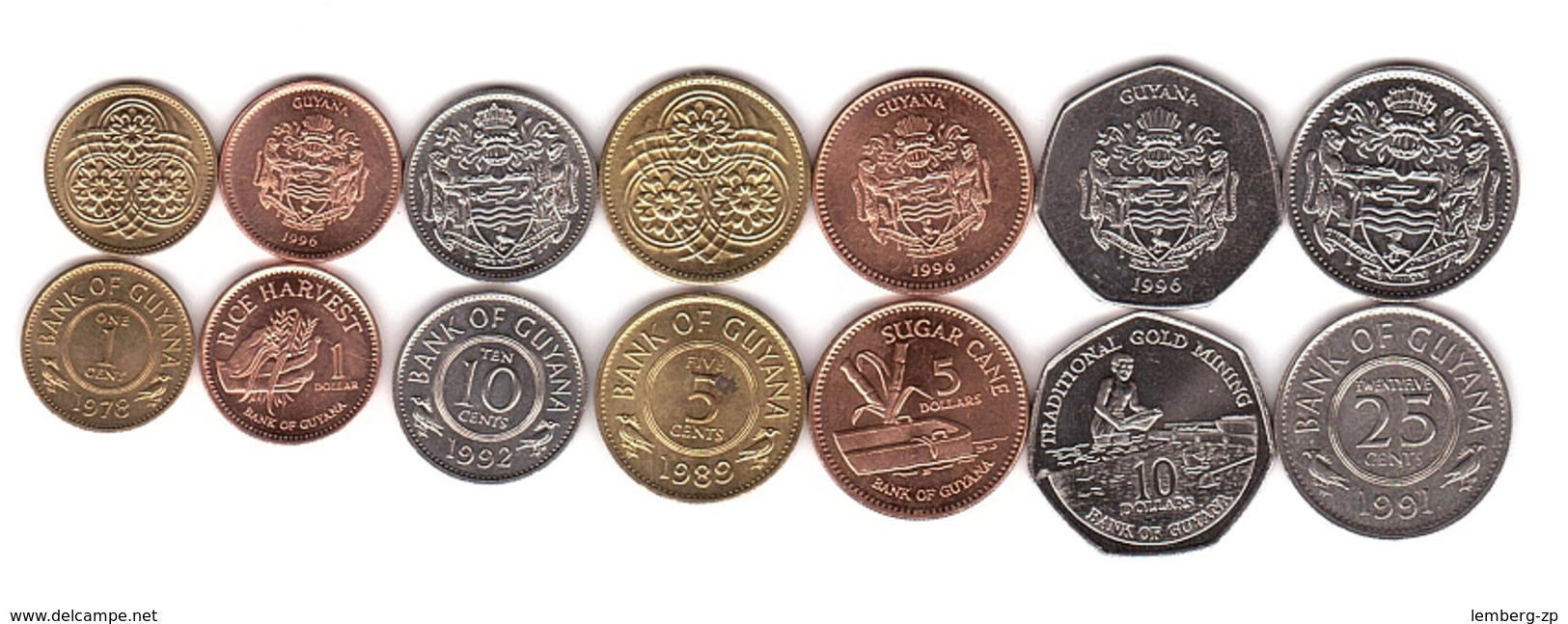 Guyana - Set 7 Coins 1 5 10 25 Cents 1 5 10 Dollars 1978 - 1996 AUNC Lemberg-Zp - Guyana