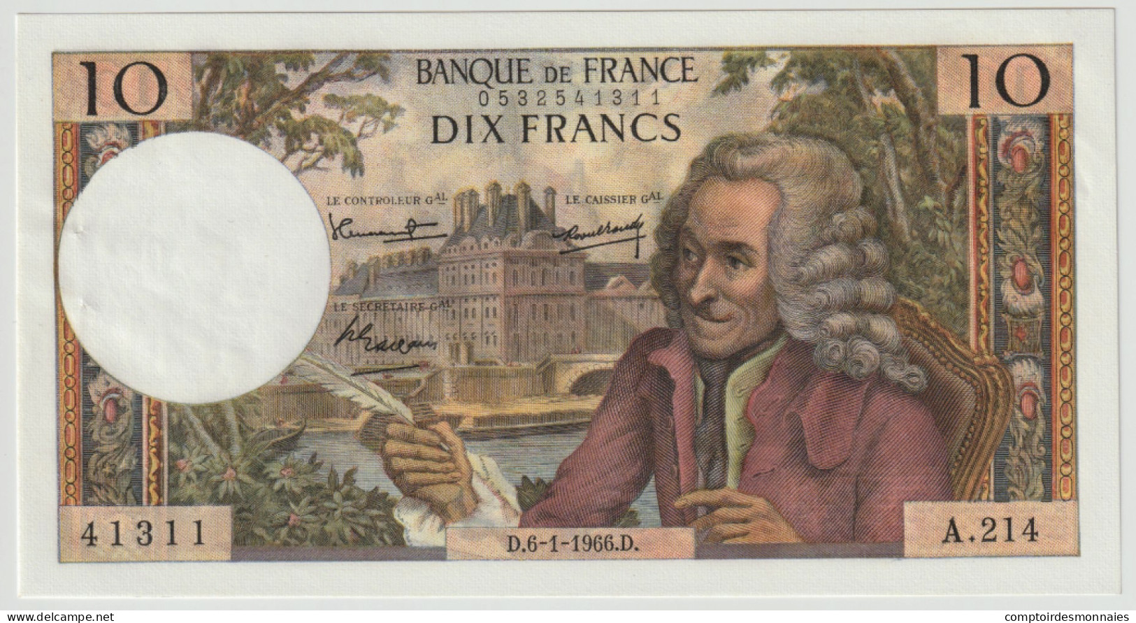 France, 10 Francs, Voltaire, 1966, 1966-01-06, SPL, Fayette:62.19, KM:147b - 10 F 1963-1973 ''Voltaire''