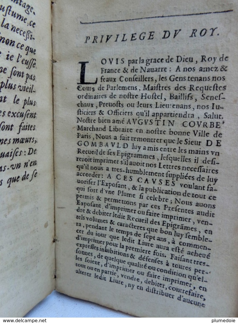 EO 1657 LES EPIGRAMMES DE GOMBAULD Divisées En Trois Livres . à PARIS Chez AUGUSTIN COURBE - Before 18th Century