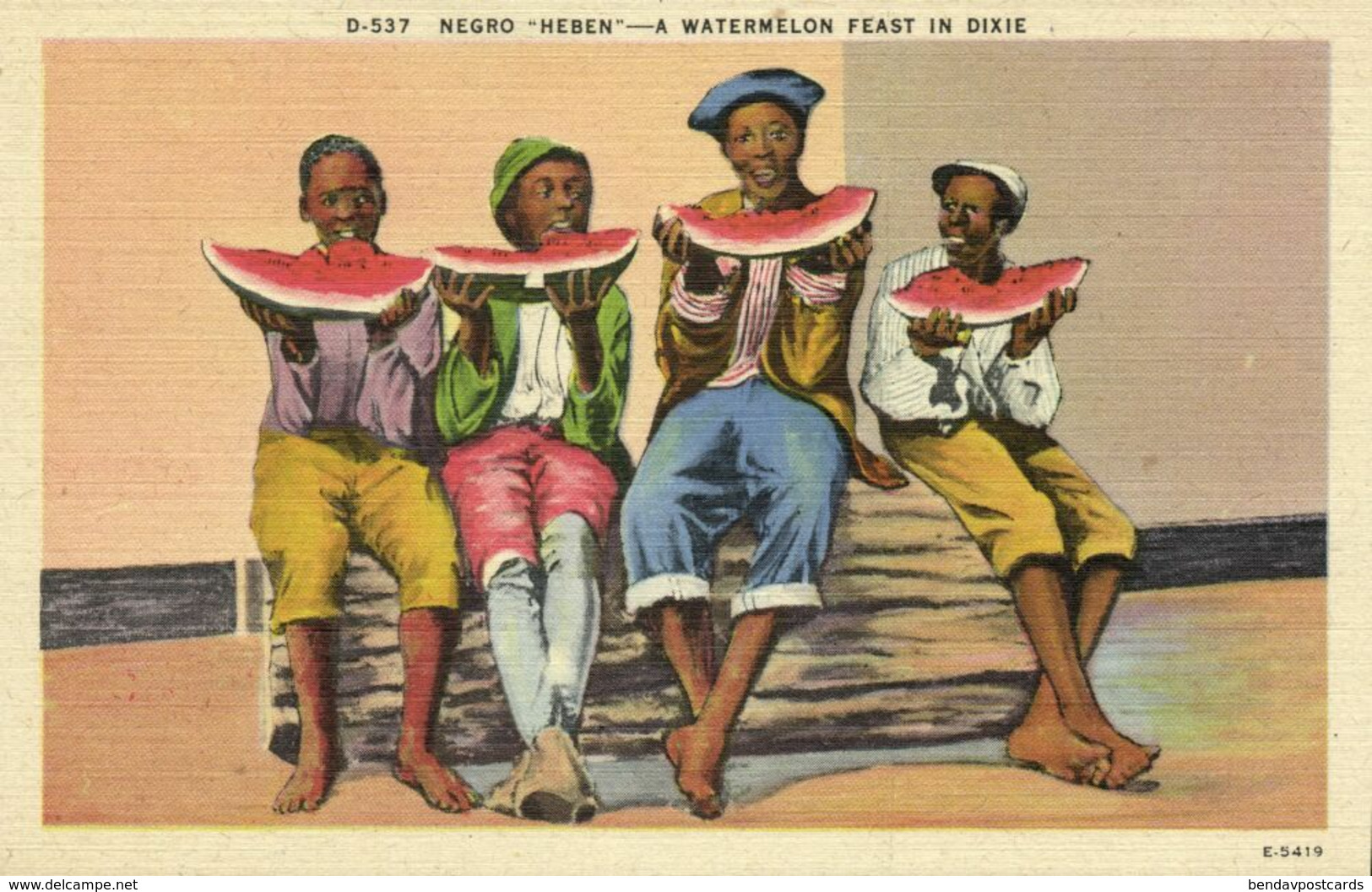 Black Americana, "A Watermelon Feast In Dixie" (1930s) Asheville D-537 Postcard - Black Americana